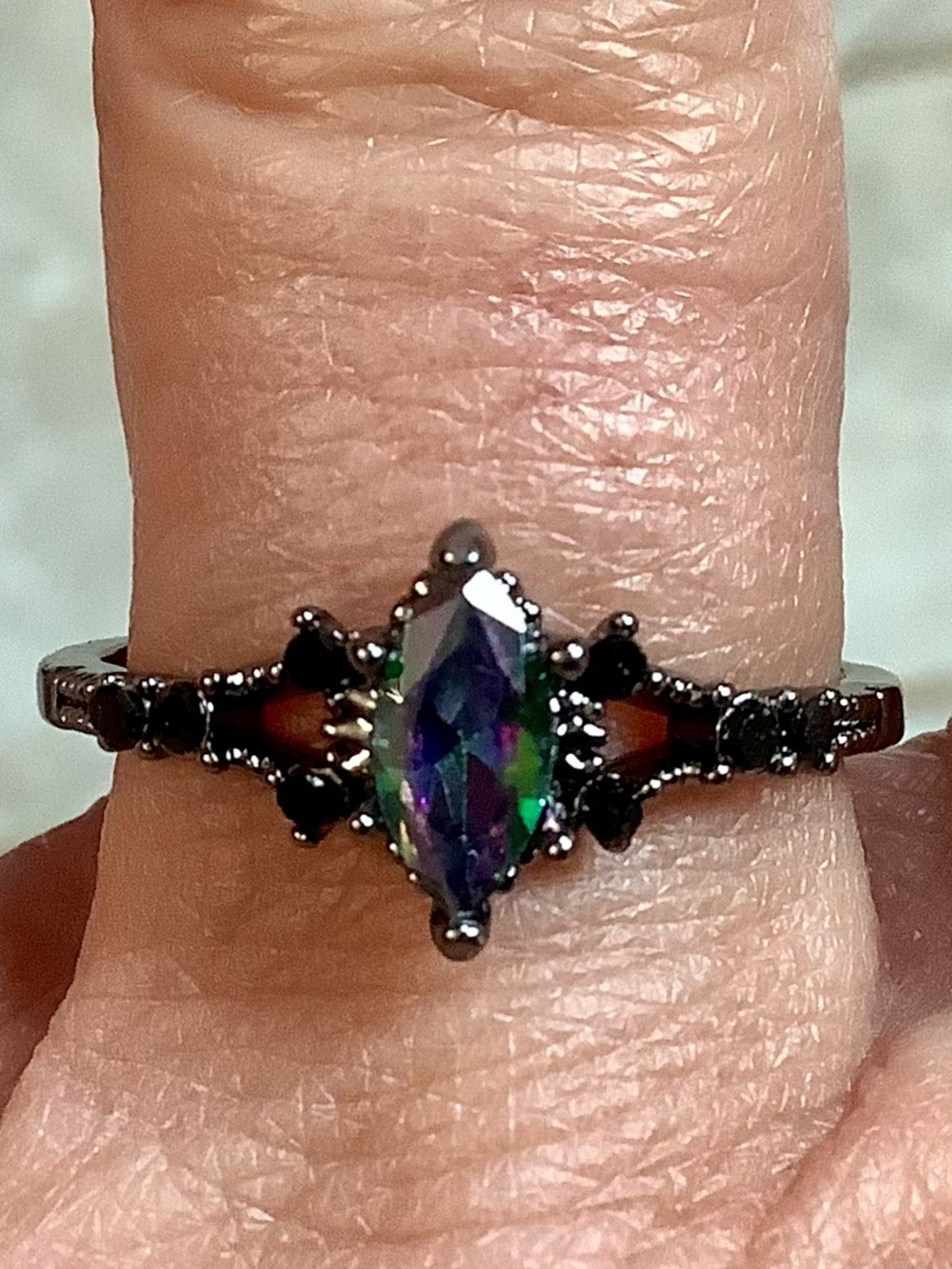 Gun metal black fashion ring with mystic topaz marquis.Sz.9 NWT